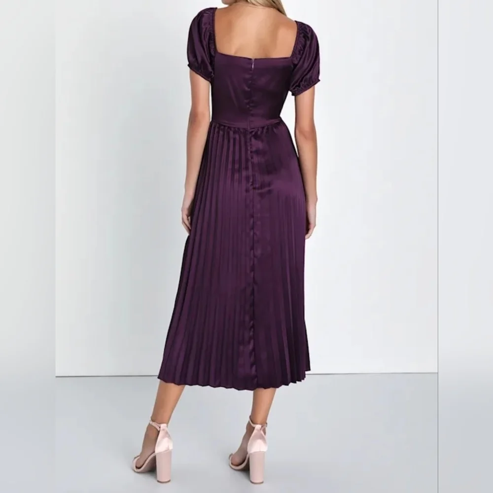 Lulus Flawless Forever Dark Purple Satin Pleated Midi Dress - Picture 5 of 13
